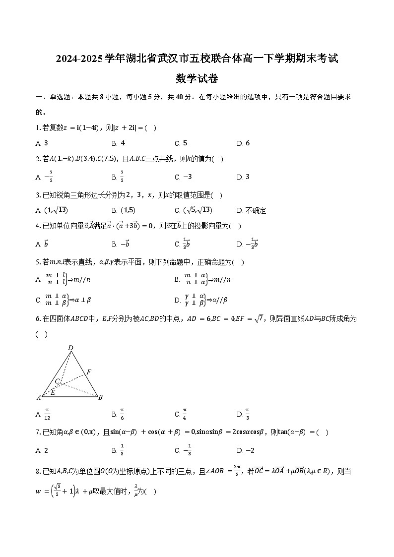 2024-2025学年湖北省武汉市五校联合体高一下学期期末考试数学试卷（含解析）第1页