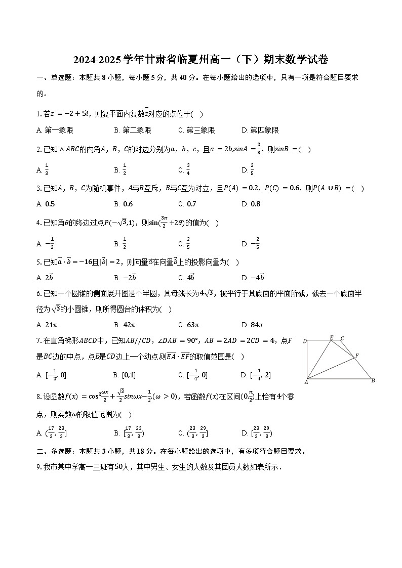 2024-2025学年甘肃省临夏州高一（下）期末数学试卷(含答案）第1页