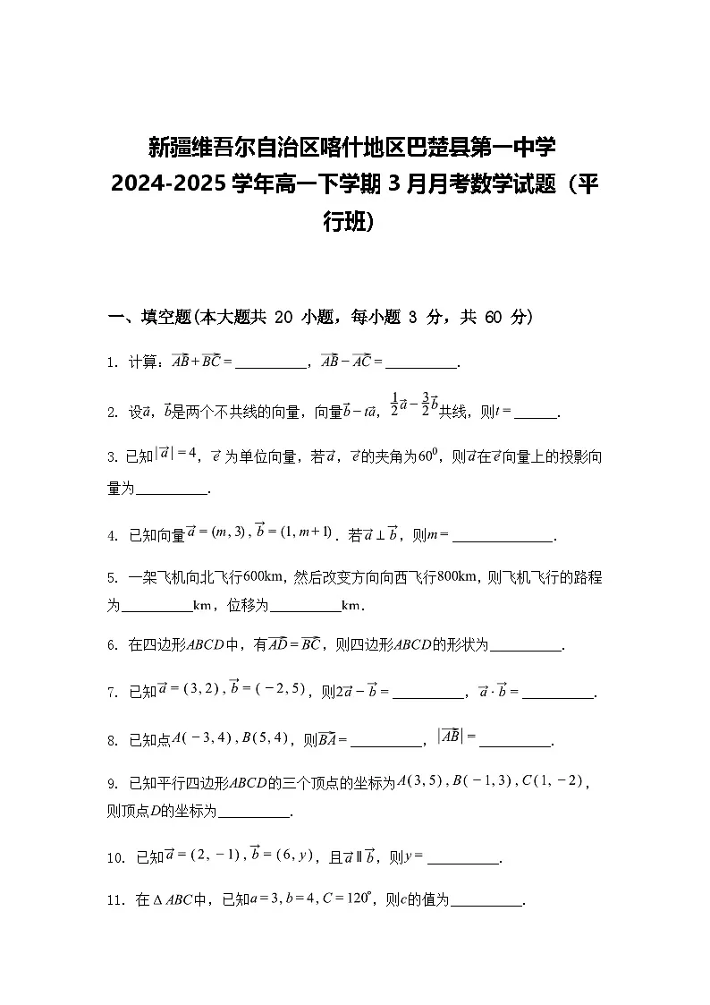 新疆维吾尔自治区喀什地区巴楚县第一中学2024-2025学年高一下学期3月月考数学试题（含答案解析）第1页