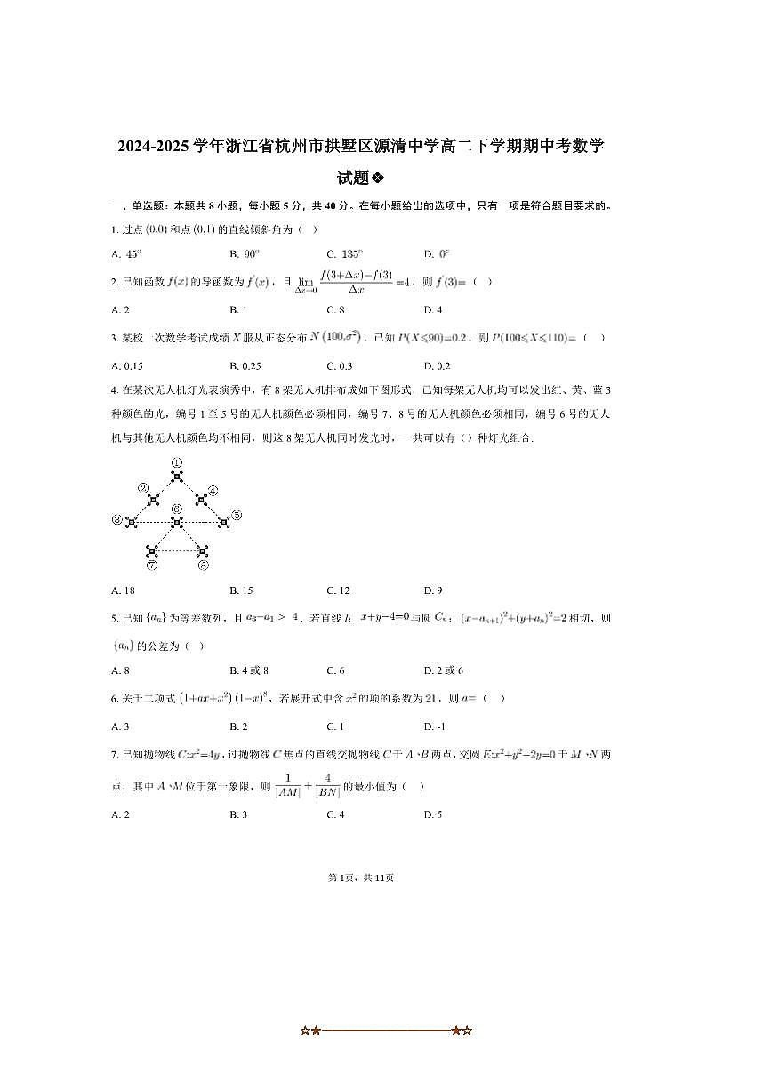 2024～2025学年浙江省杭州市拱墅区源清中学高二下期中考数学试卷(含答案)第1页