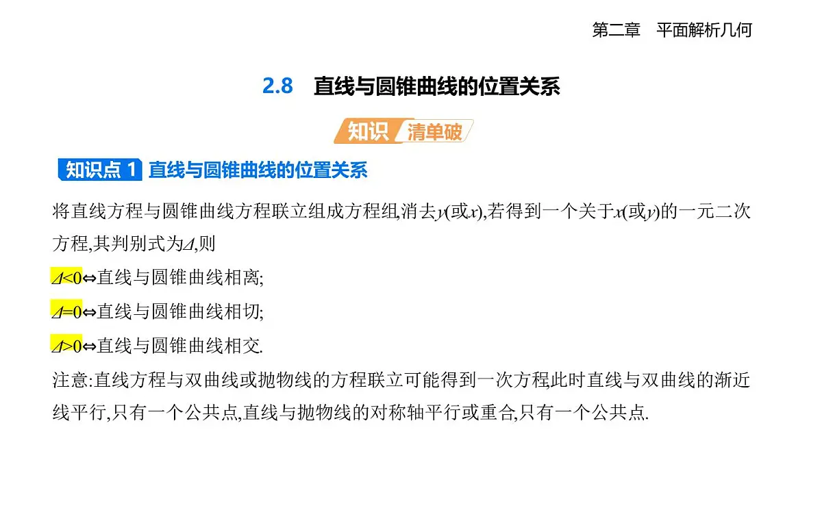 2.8 直线与圆锥曲线的位置关系知识点串讲课件-人教 B版高二上册数学（选必一）第1页