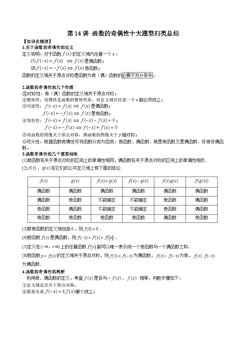 人教A版必修第一册高一数学上册同步讲与练第14讲 函数的奇偶性十大题型归类总结（原卷版）第1页