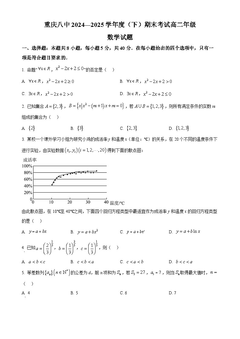 精品解析：重庆市第八中学校2024-2025学年高二下学期期末考试数学试题（原卷版）第1页