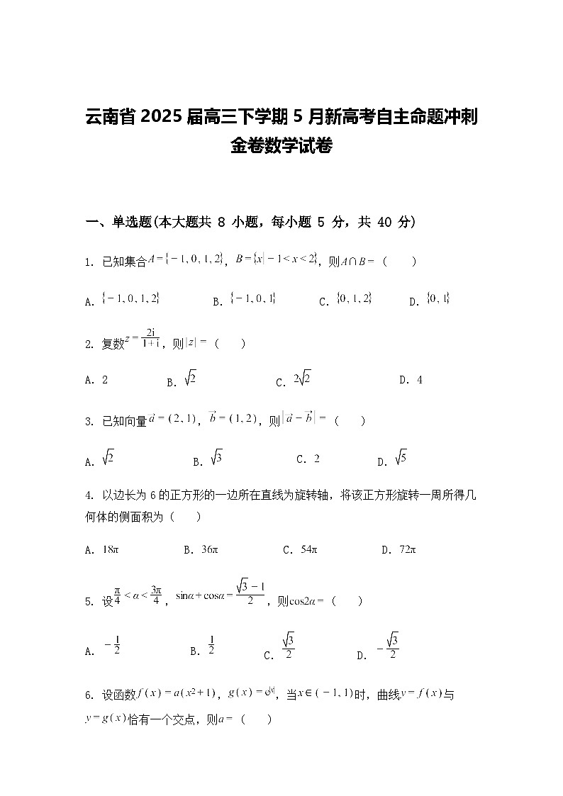 云南省2025届高三下学期5月新高考自主命题冲刺金卷数学试卷（含答案及解析）第1页