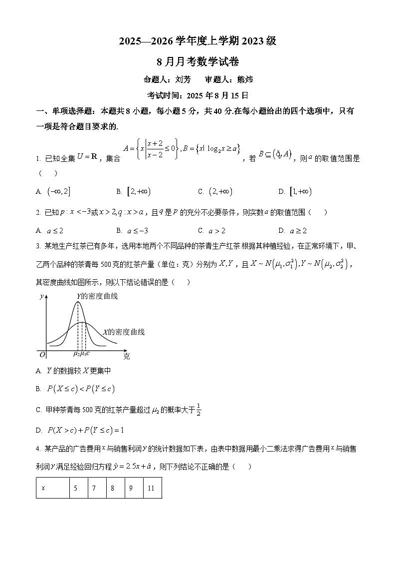  湖北省沙市中学2025-2026学年高三上学期8月月考数学试题（原卷版）第1页