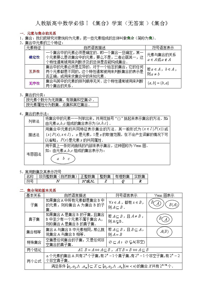 人教版高中数学必修Ⅰ《集合》学案（无答案）第1页