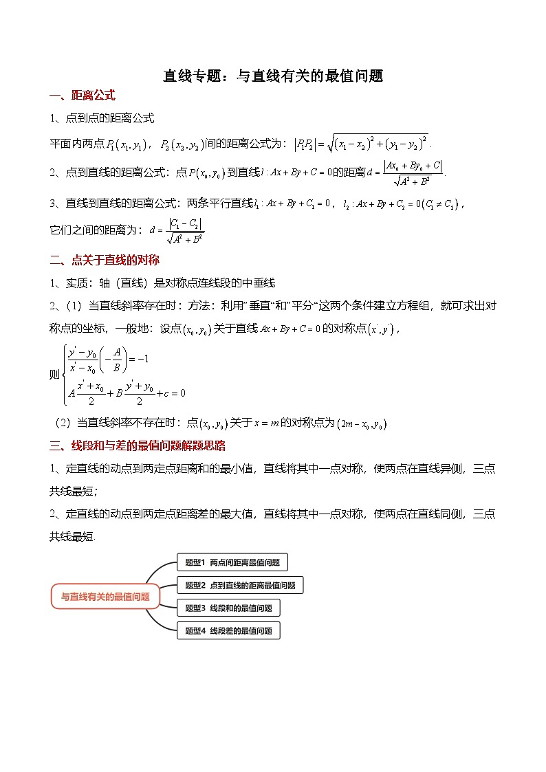 人教A版选择性必修一高二数学上册期末复习  直线专题：与直线有关的最值问题（原卷版）第1页