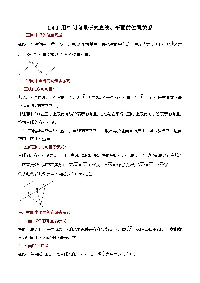 人教A版选择性必修一高二数学上册同步考点归纳讲与练 1.4.1 用空间向量研究直线、平面的位置关系（原卷版）第1页