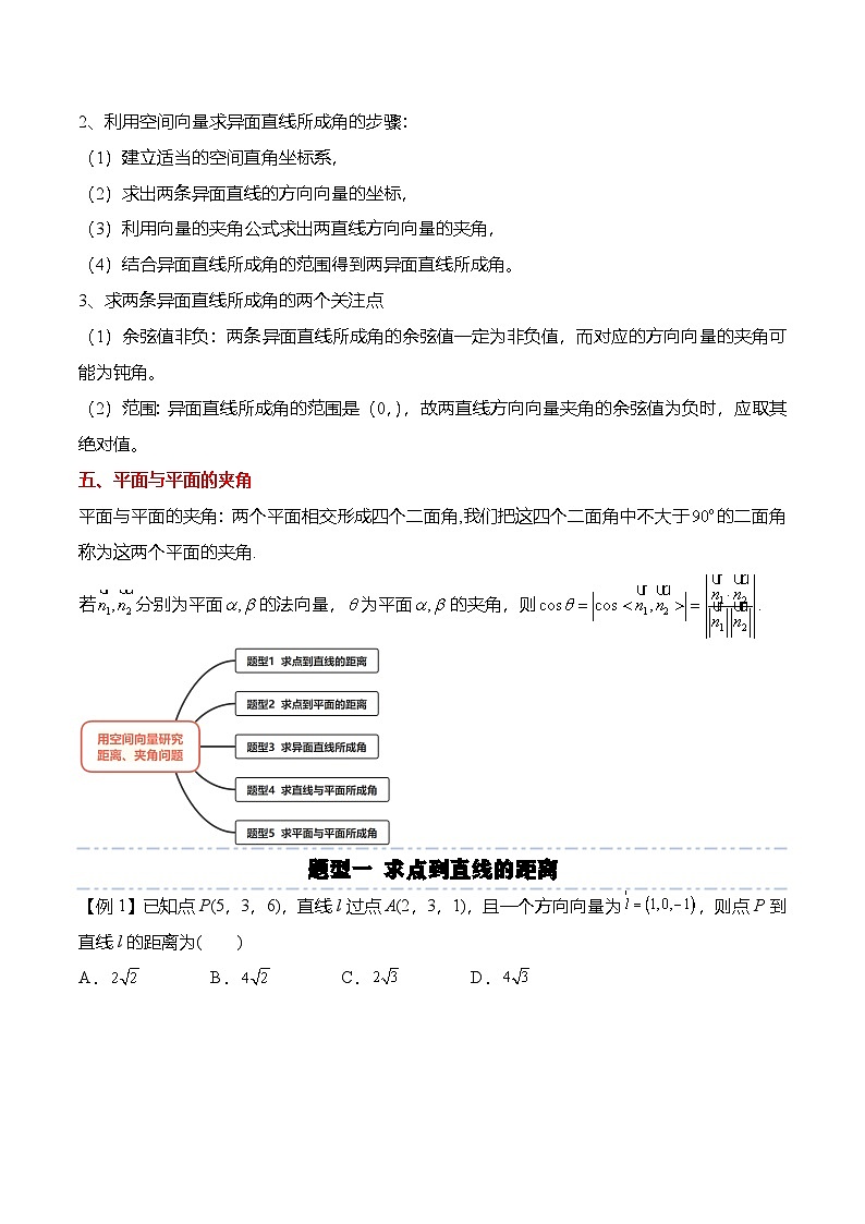人教A版选择性必修一高二数学上册同步考点归纳讲与练 1.4.2 空间向量研究距离、夹角问题（原卷版）第2页