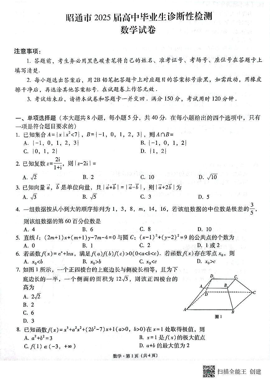 云南省昭通市2025届高三上学期1月毕业生诊断性检测数学试卷+答案第1页