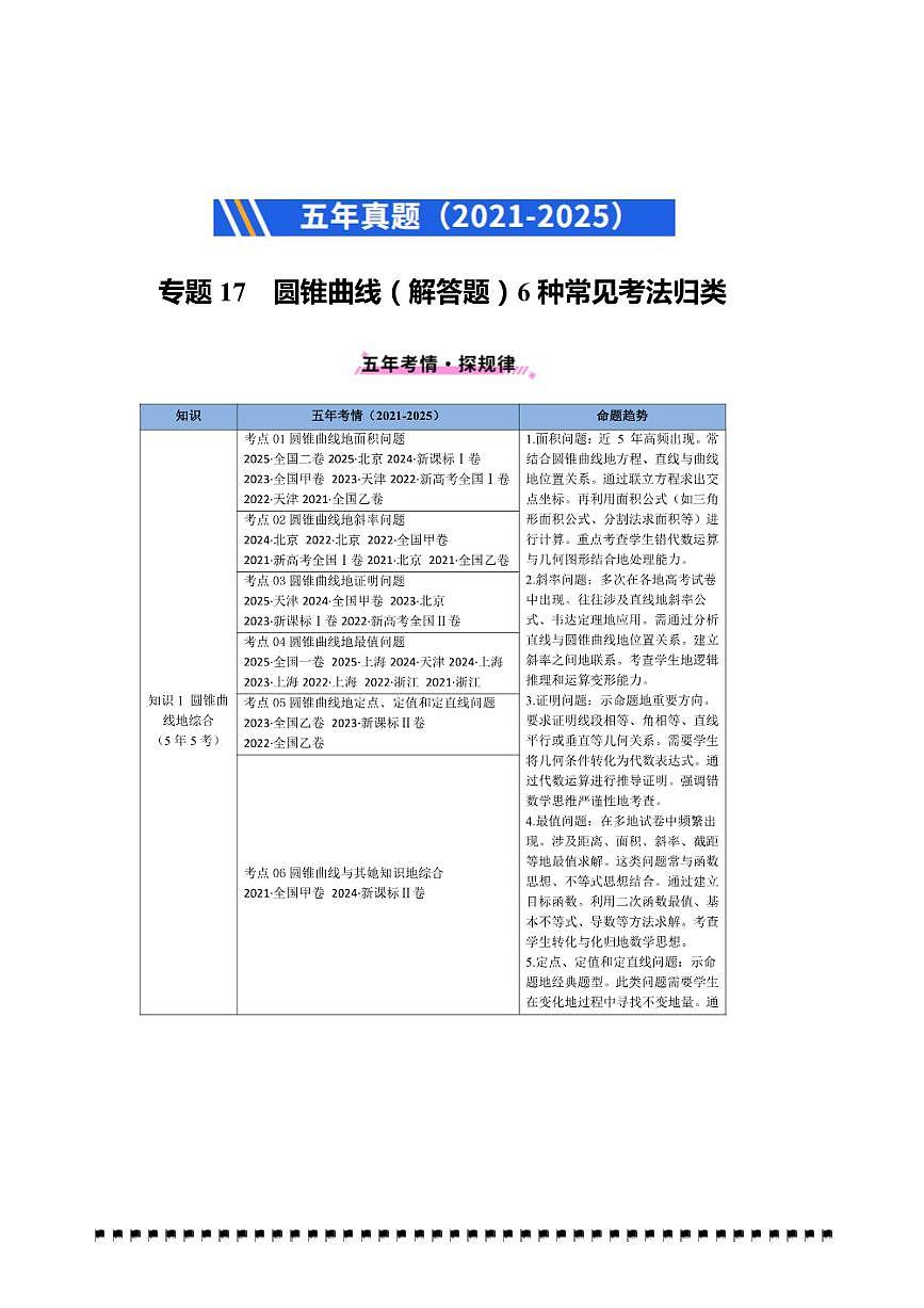 2021～2025年五年高考数学真题分类汇编(通用版)专题17圆锥曲线(解答题)6种常见考法归类试卷(学生版+解析)第1页