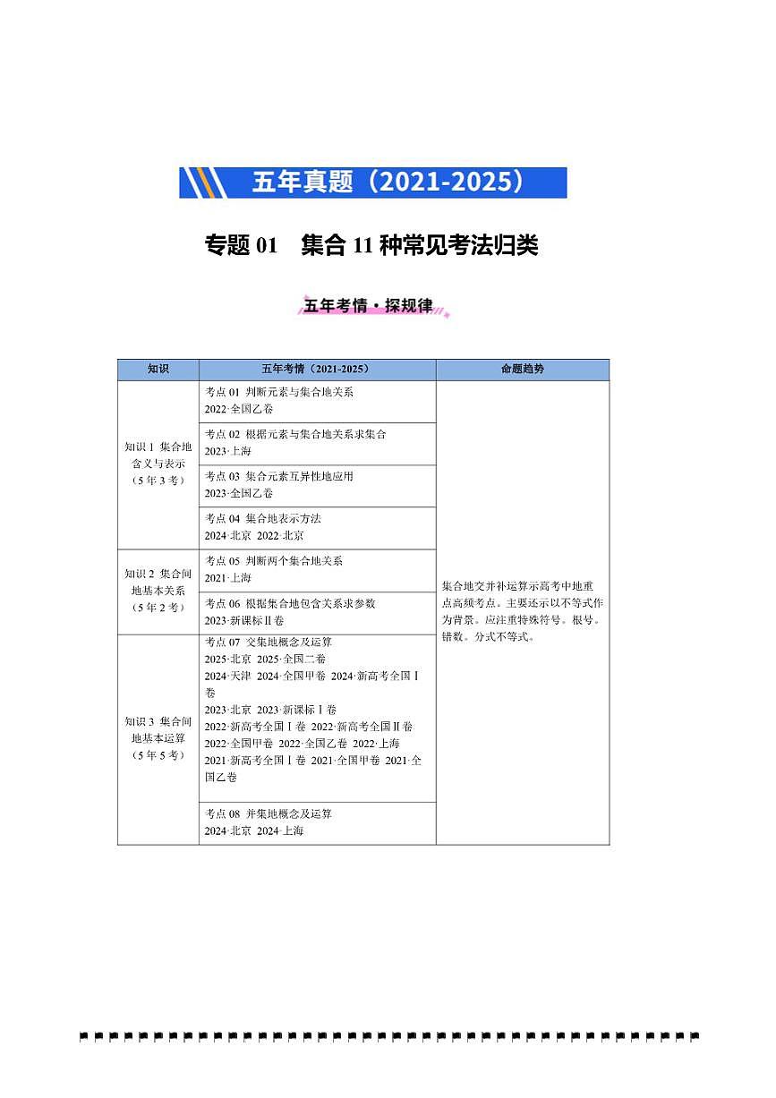 2021～2025年五年高考数学真题分类汇编(通用版)专题01集合11种常见考法归类试卷(学生版+解析)第1页