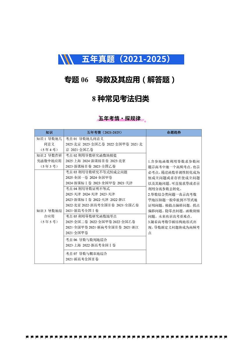 2021～2025年五年高考数学真题分类汇编(通用版)专题06导数及其应用(解答题)8种常见考法归类试卷(学生版+解析)第1页