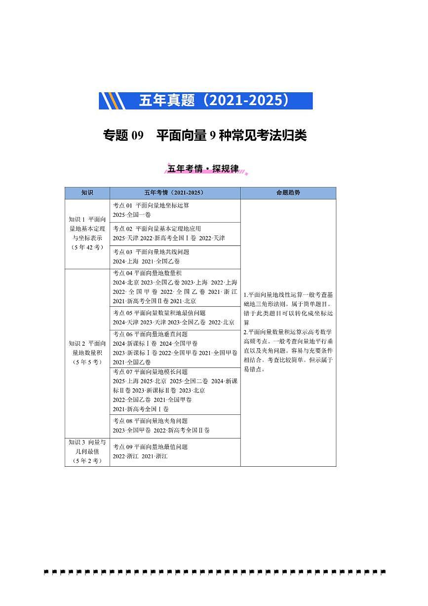 2021～2025年五年高考数学真题分类汇编(通用版)专题09平面向量9种常见考法归类试卷(学生版+解析)第1页