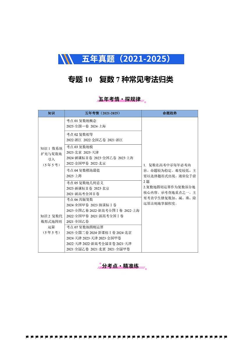 2021～2025年五年高考数学真题分类汇编(通用版)专题10复数7种常见考法归类试卷(学生版+解析)第1页
