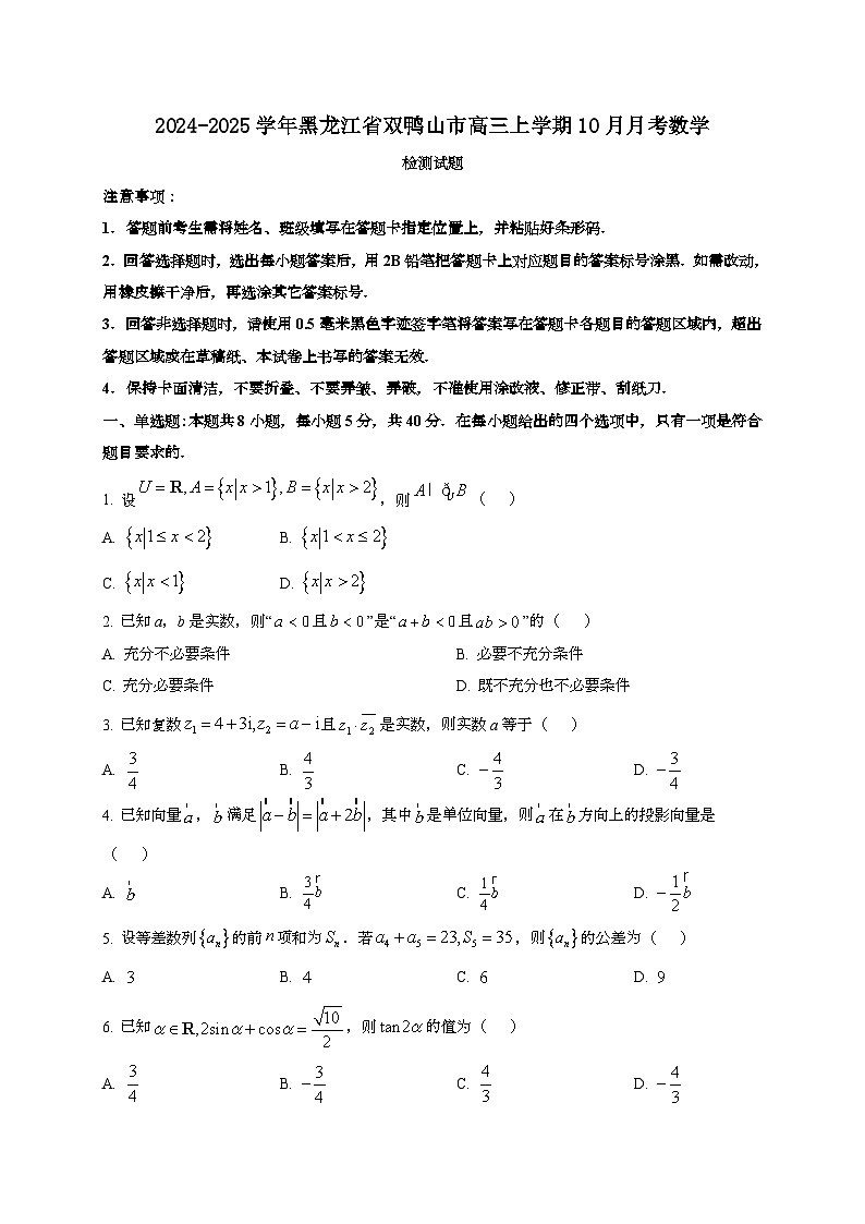 2024~2025学年黑龙江省双鸭山市高三上册10月月考数学试卷[有解析]第1页