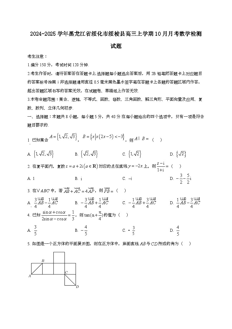 2024~2025学年黑龙江省绥化市绥棱县高三上册10月月考数学试卷第1页