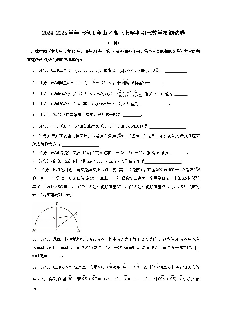 2024~2025学年上海市金山区高三上学期期末数学试卷（一模）附解析第1页