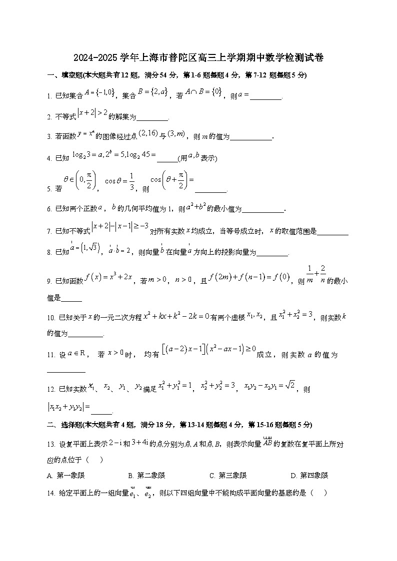 2024~2025学年上海市普陀区高三上学期期中数学试卷第1页