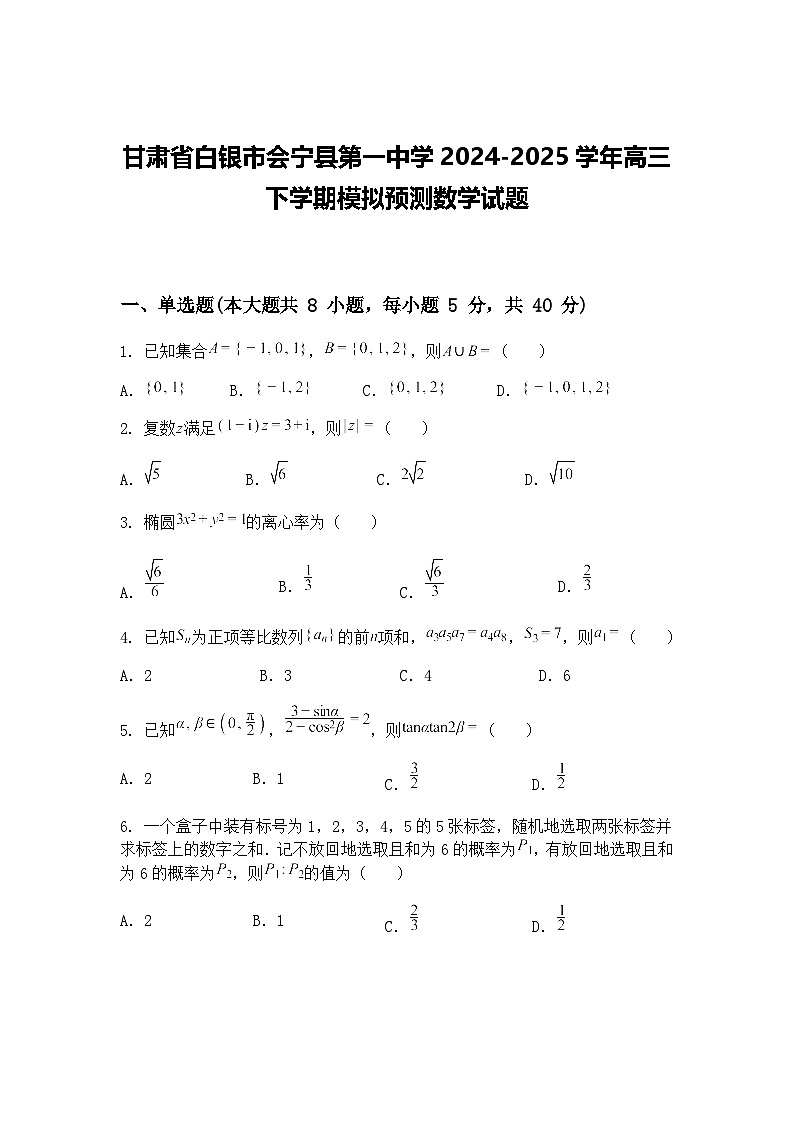 甘肃省白银市会宁县第一中学2024-2025学年高三下学期模拟预测数学试题（含答案解析）第1页