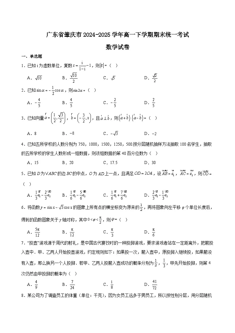 广东省肇庆市2024-2025学年高一下学期期末统一考试数学试题（Word版附解析）第1页