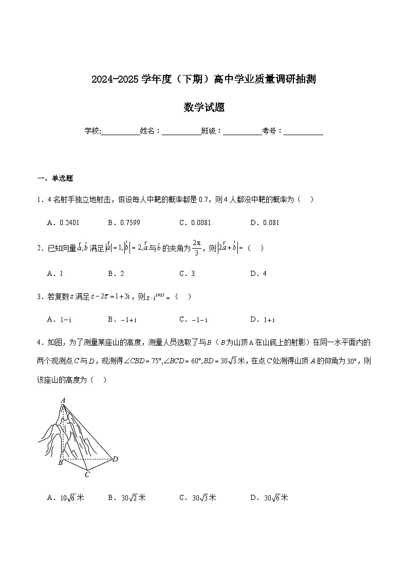 重庆市九龙坡、渝中区等4地2024-2025学年高一下学期期末学业质量调研抽测数学试卷（含解析）第1页