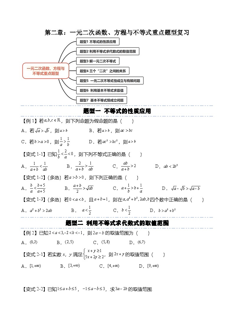 人教A版必修一高一数学上册考点归纳同步讲与练 第二章：一元二次函数、方程与不等式重点题型复习+单元检测（原卷版）第1页