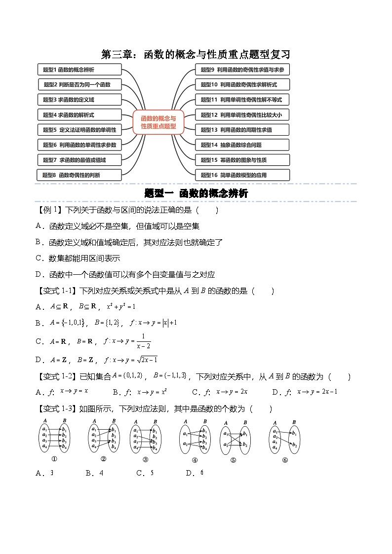 人教A版必修一高一数学上册考点归纳同步讲与练 第三章：函数的概念与性质重点题型复习+单元检测（原卷版）第1页