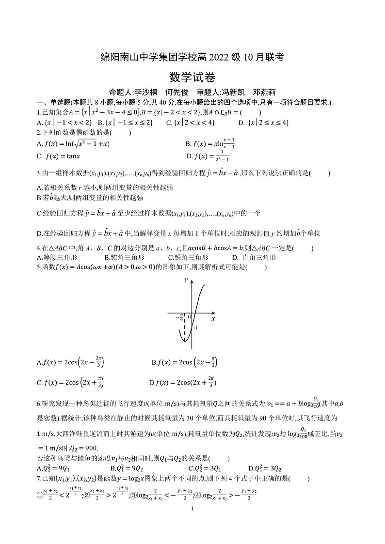 2025届四川省绵阳市南山中学集团学校高三下学期10月联考-数学试题（含答案）第1页
