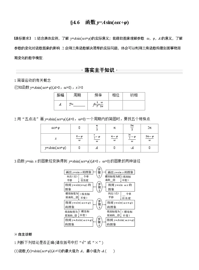 2026届高三数学一轮复习讲义（标准版）第四章4.6函数y=Asin（ωxφ）（Word版附答案）第1页