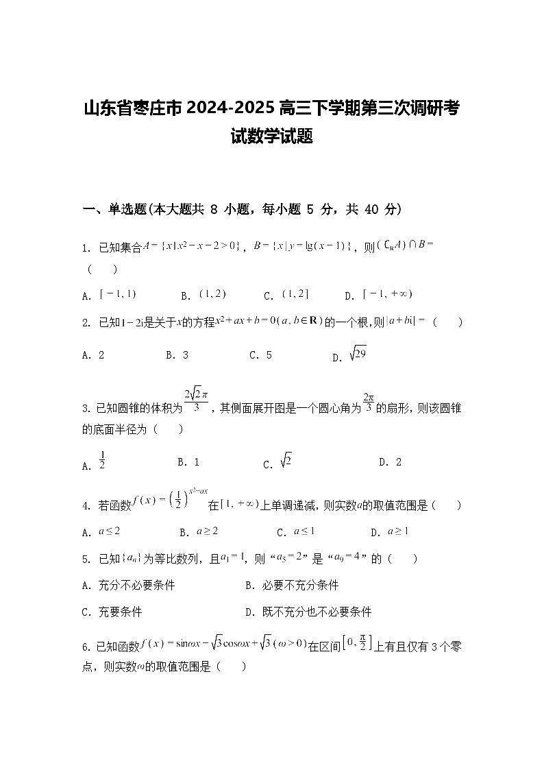 山东省枣庄市2024-2025高三下学期第三次调研考试数学试题（含答案解析）第1页