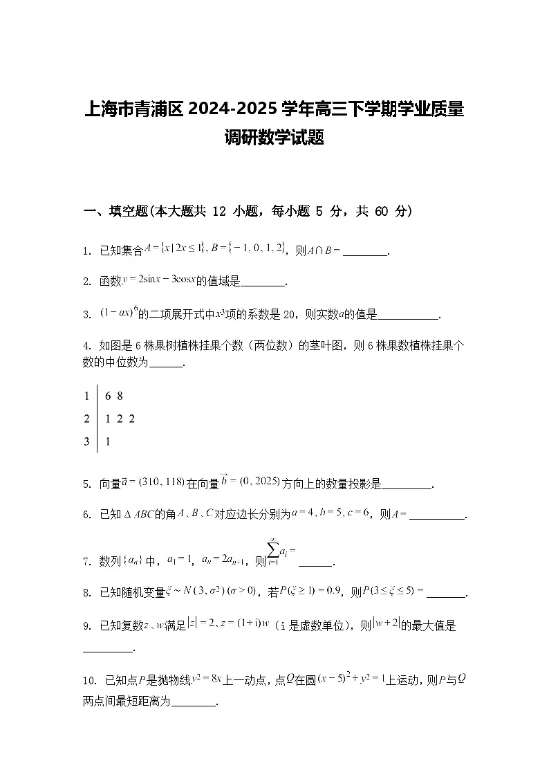 上海市青浦区2024-2025学年高三下学期学业质量调研数学试题（含答案解析）第1页