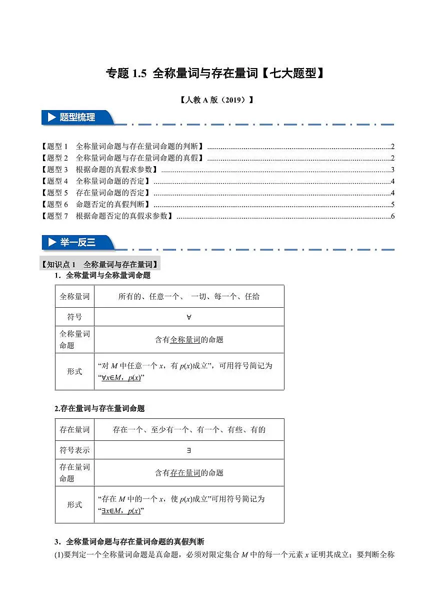 专题1.5 全称量词与存在量词(七大题型)(原卷版)第1页