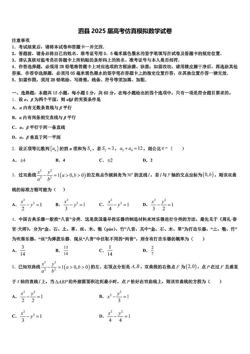 泗县2025届高考仿真模拟数学试卷含解析第1页
