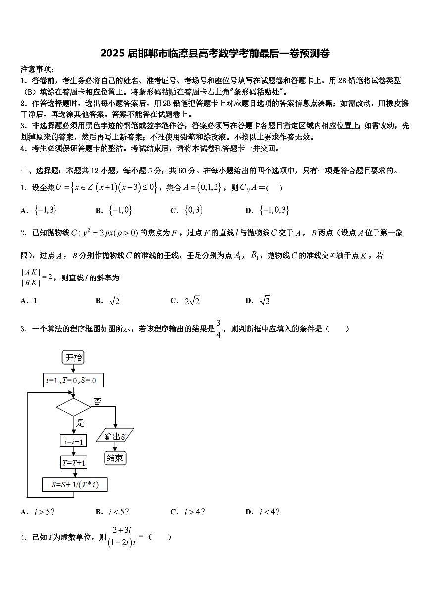 2025届邯郸市临漳县高考数学考前最后一卷预测卷含解析第1页