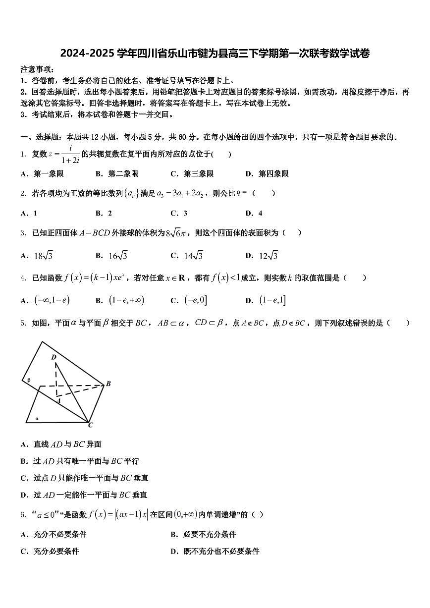 2024-2025学年四川省乐山市犍为县高三下学期第一次联考数学试卷含解析第1页