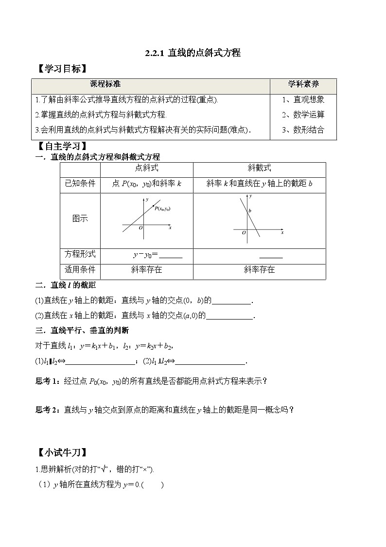 (人教A版)选择性必修一高二数学上册同步学案+分层练习2.2.1 直线的点斜式方程（原卷版）第1页