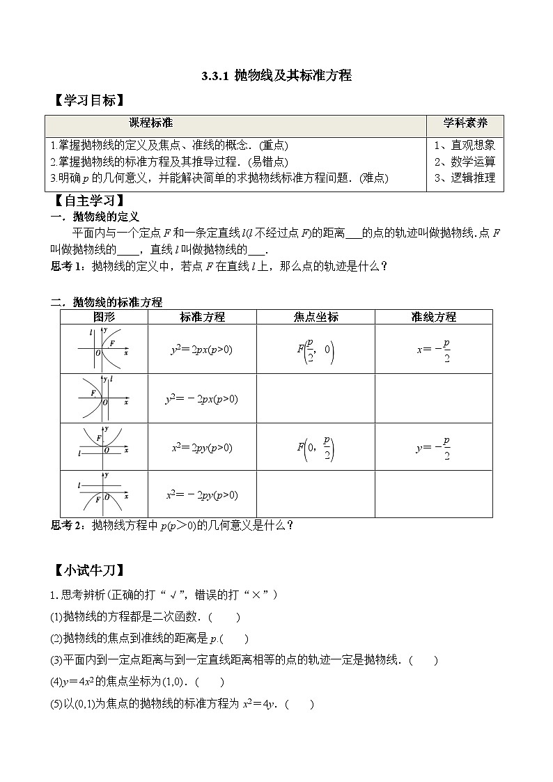 (人教A版)选择性必修一高二数学上册同步学案+分层练习3.3.1 抛物线及其标准方程（原卷版）第1页
