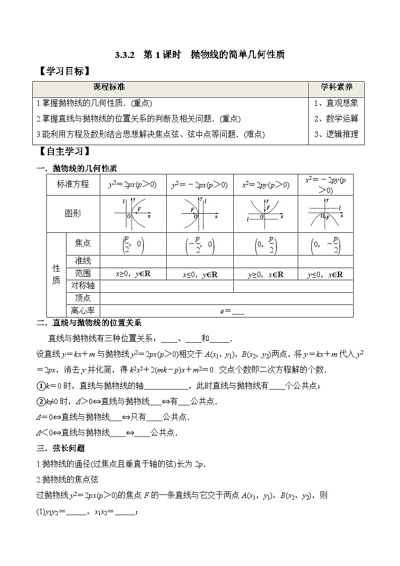 (人教A版)选择性必修一高二数学上册同步学案+分层练习3.3.2 第1课时 抛物线的简单几何性质（原卷版）第1页