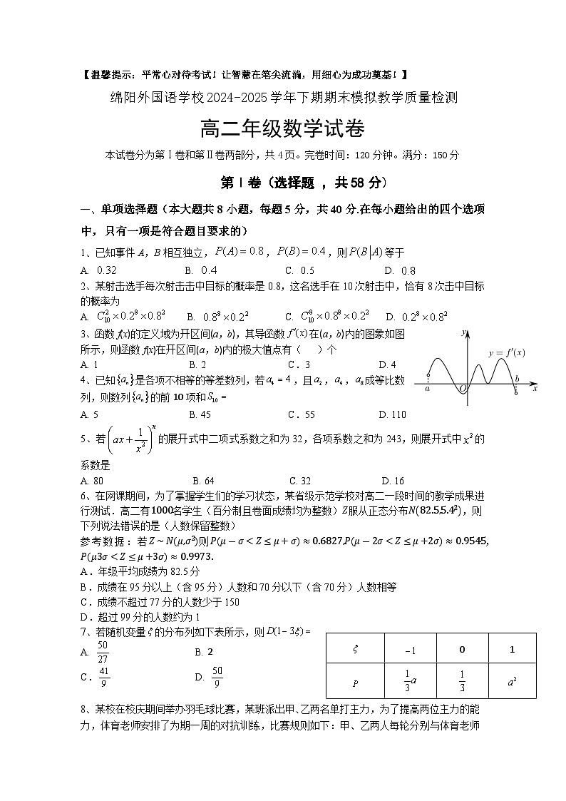 四川省绵阳外国语学校2024-2025学年高二下学期期末模拟考试数学试题第1页