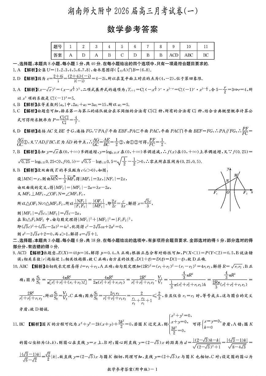 湖南师大附中2026届高三第一次月考数学答案第1页