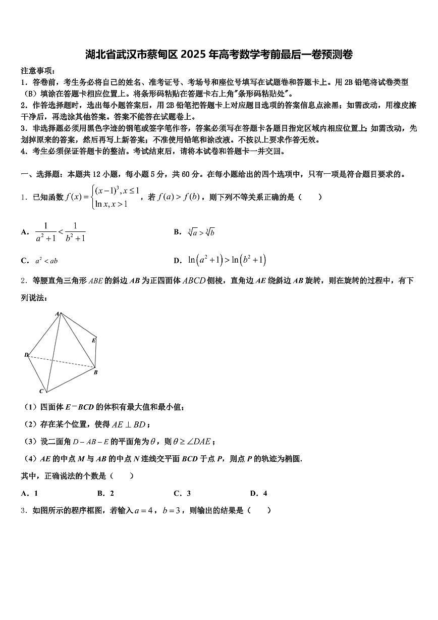 湖北省武汉市蔡甸区2025年高考数学考前最后一卷预测卷含解析第1页