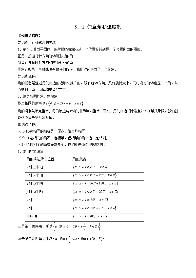 （人教A版）必修一高一数学上册同步题型讲练+同步检测5.1 任意角和弧度制（教师版）第1页