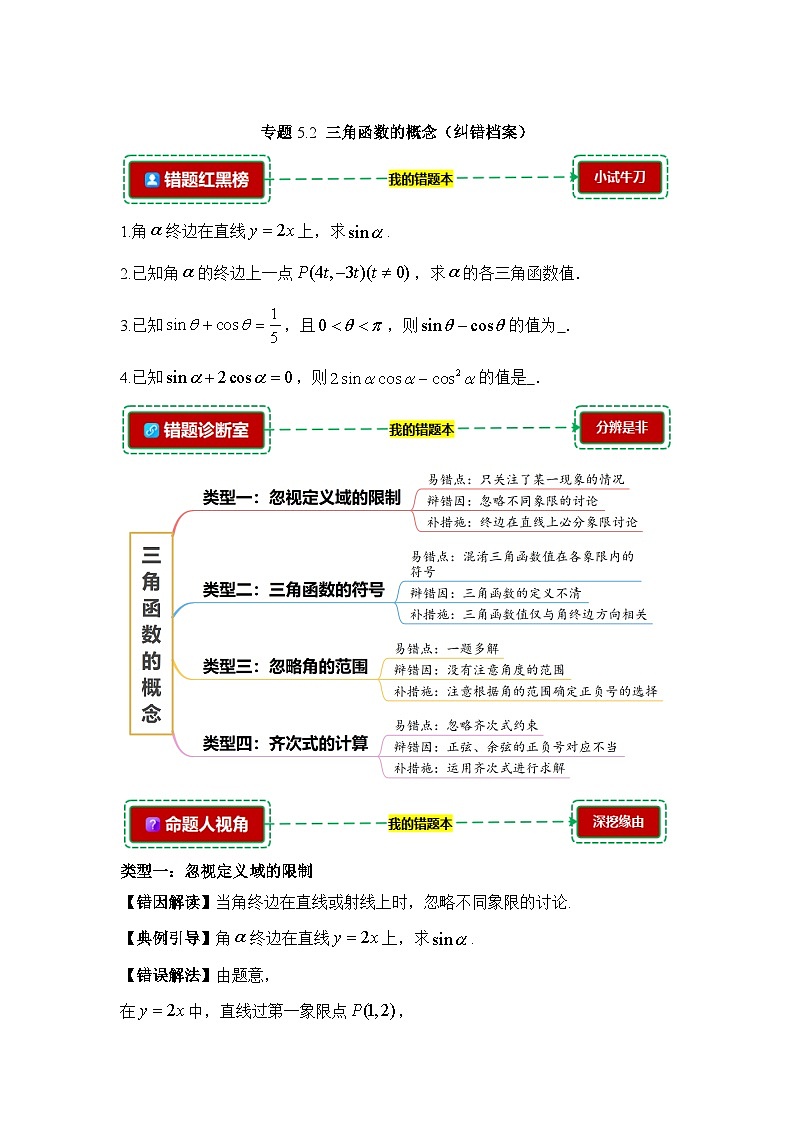 5.2三角函数的概念【错题归纳】（我的错题本）人教A必修一第1页