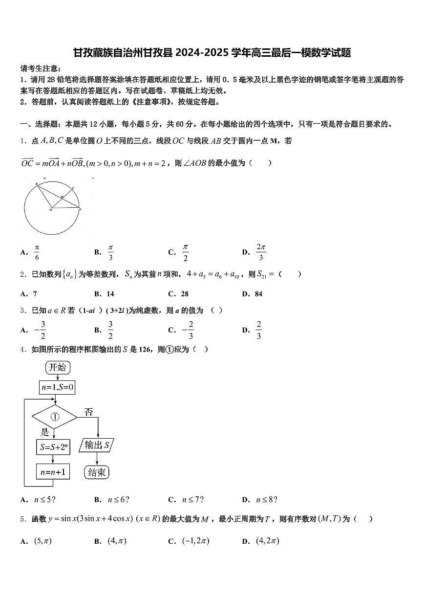 甘孜藏族自治州甘孜县2024-2025学年高三最后一模数学试题含解析第1页