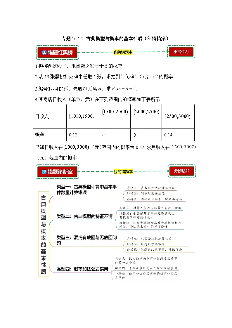 10.1.2古典概型与概率的基本性质【错题整理】（我的错题本）人教A必修二第1页