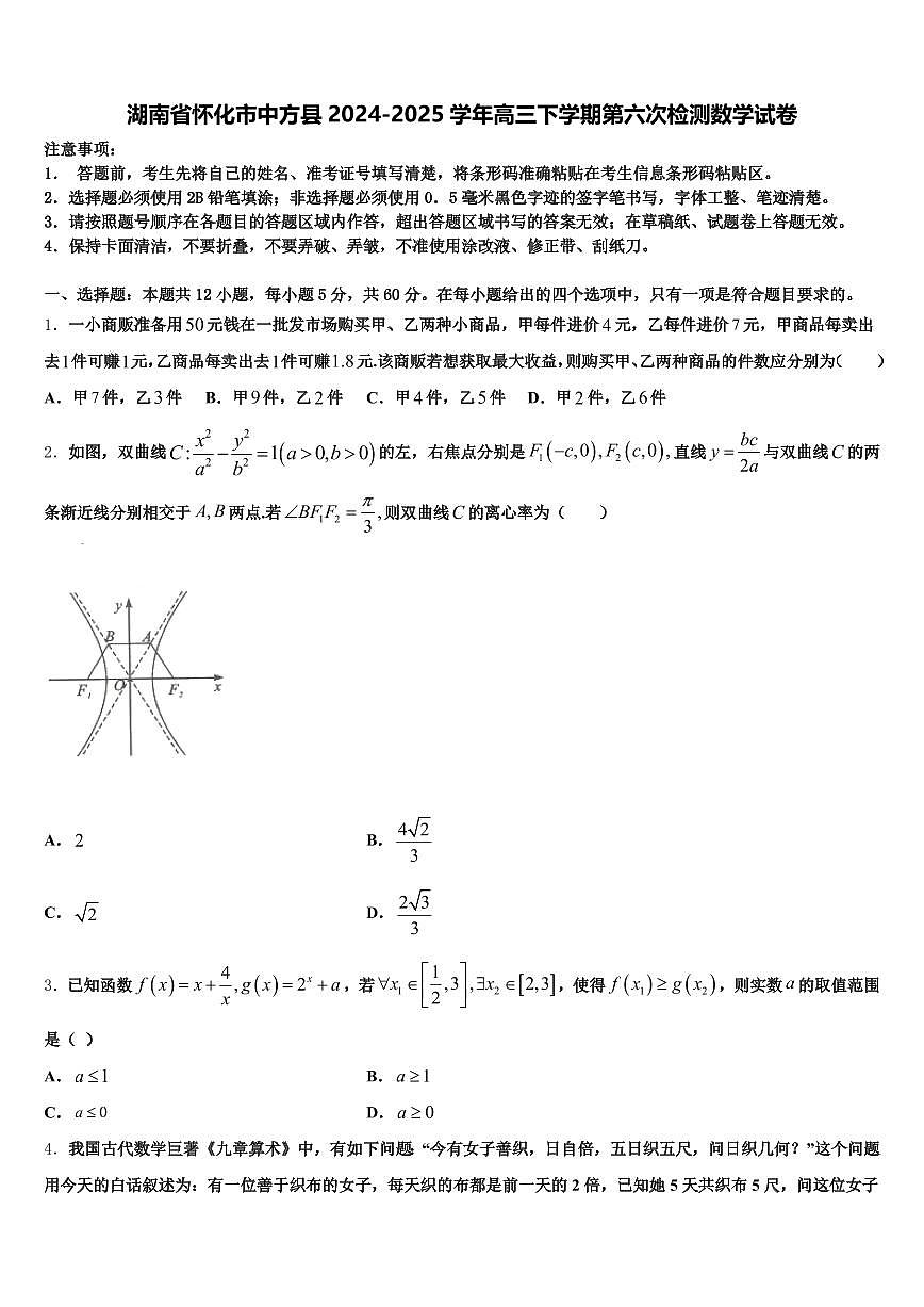 湖南省怀化市中方县2024-2025学年高三下学期第六次检测数学试卷含解析第1页