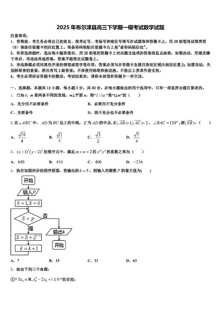 2025年布尔津县高三下学期一模考试数学试题含解析第1页
