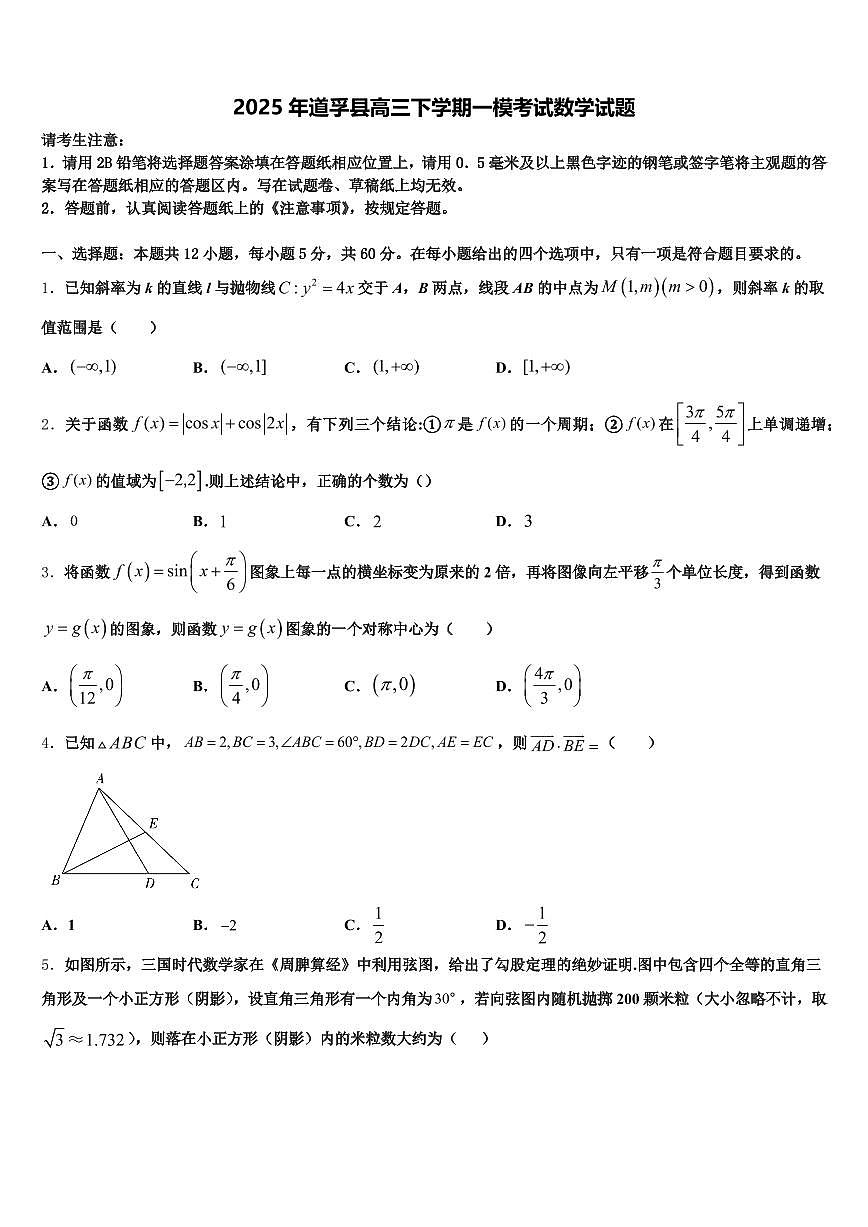 2025年道孚县高三下学期一模考试数学试题含解析第1页