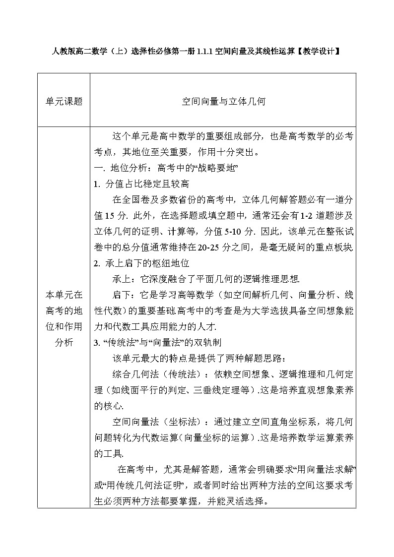 人教版高二数学（上）选择性必修第一册1.1.1空间向量及其线性运算【教学设计】第1页